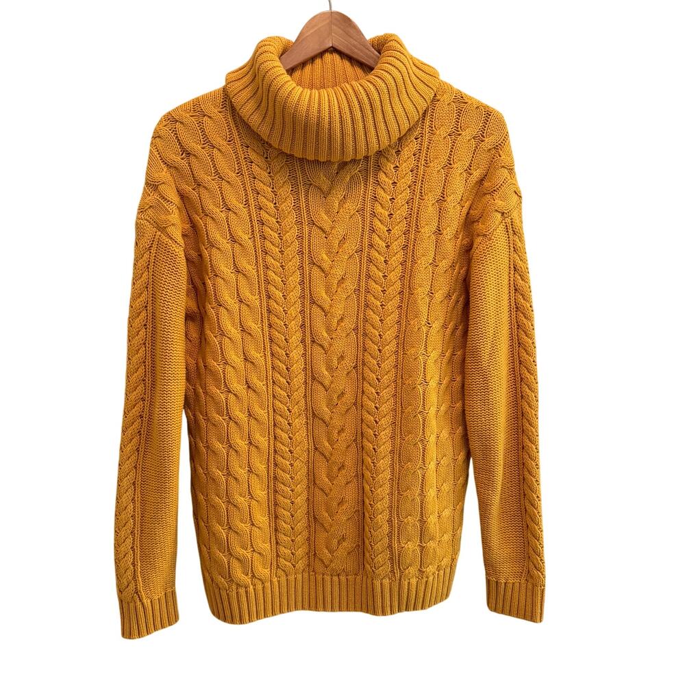 Gap Golden Yellow Cable Knit Turtleneck Sweater Size L Chunky Cozy Fall Academia